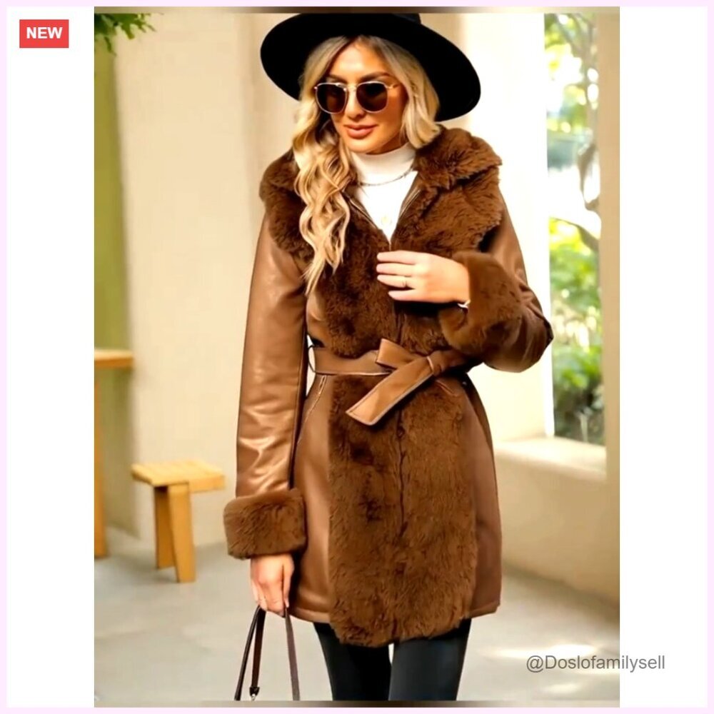 Faux Leather Fur Lined Hooded Coat with Belt, Heavy Winter Overcoat - Picture 7 of 7